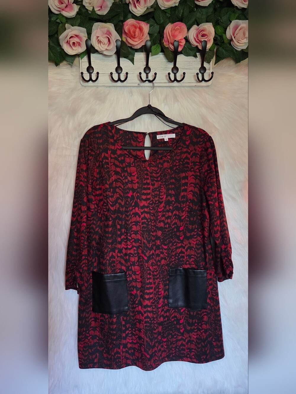 Cleo Red & Black Printed Tunic Dress W/ Faux Leather Pockets